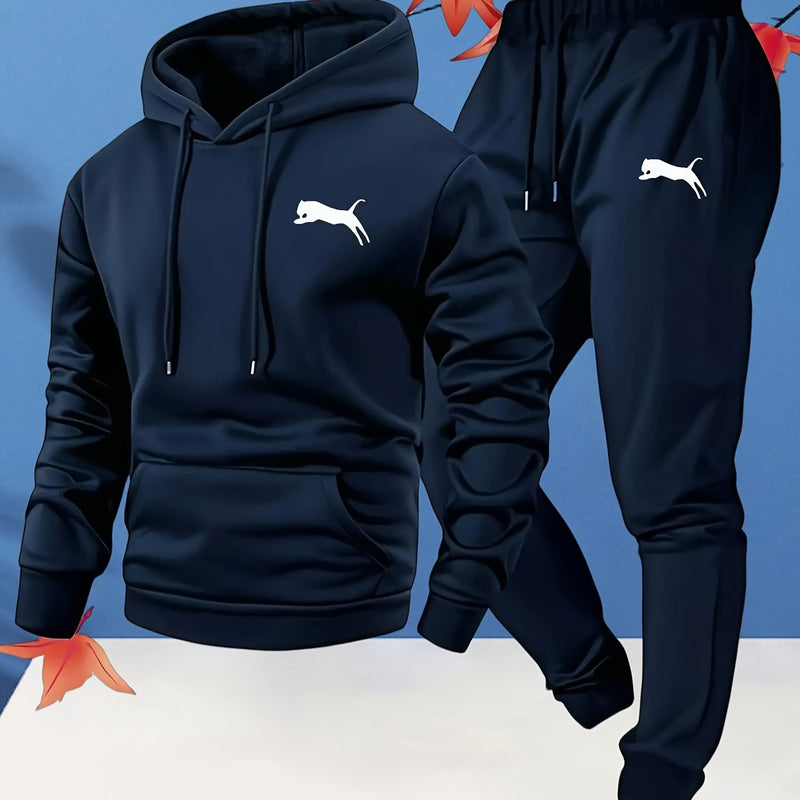 Fashion Versatile Warm 250gsm Hooded Sweatshirt + Pants Two-Piece Set for Men.