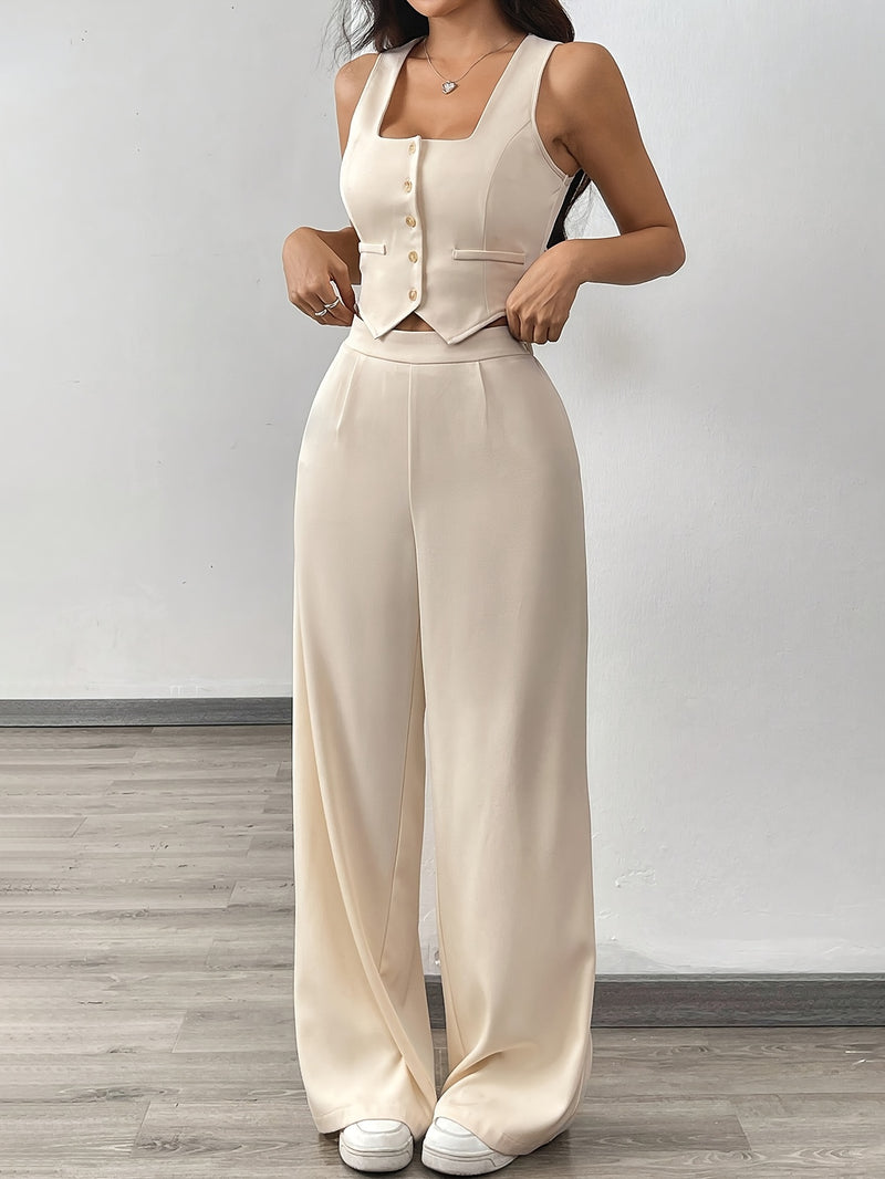 Women’s Apricot-Colored Sleeveless Cardigans with Square Necklines And Loose-Fitting Wide-Leg Pants.