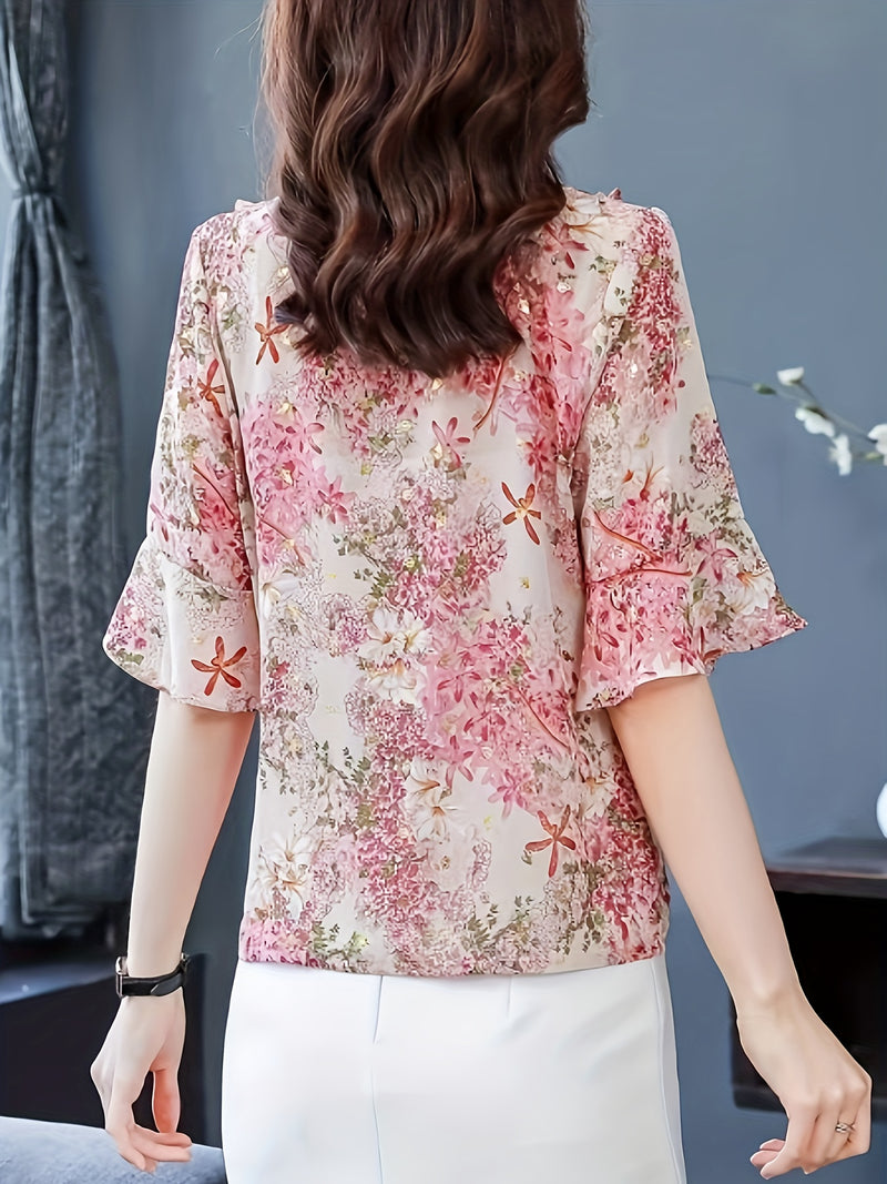 Women's Floral Print V-Neck Blouse.