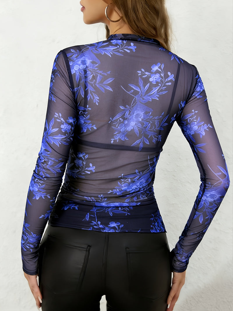 New Stylish Elegant Minimalist See-Through Mesh Blue Floral Crew Neck.