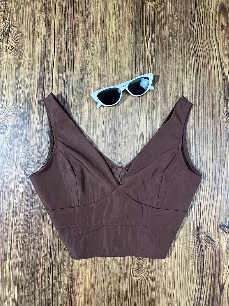 Women’s 2pcs Set, Brown V-Neck Vest Top Without Padding + Printed Pants.