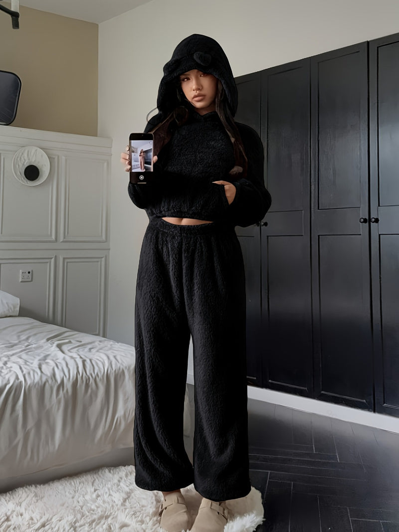 Women's Khaki Fluffy Casual Loose Double-Sided Fleece Set.