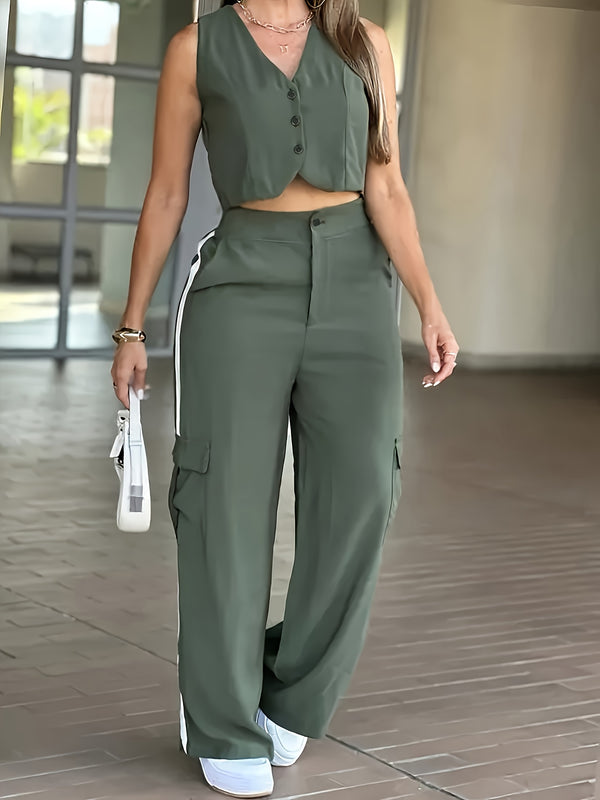 V-Neck Top with Vest, Buttoned,Color-Blocked, Paired with Pocketed Pants.