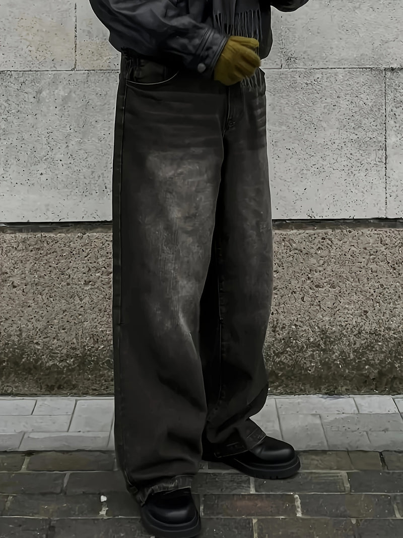 Men's Black Wide-Leg Loose-Fitting Jeans That Drag on The Ground.