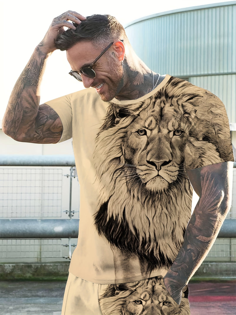 Men's Casual Summer Fitness Outfit, Featuring a Lion Graphic T-Shirt.