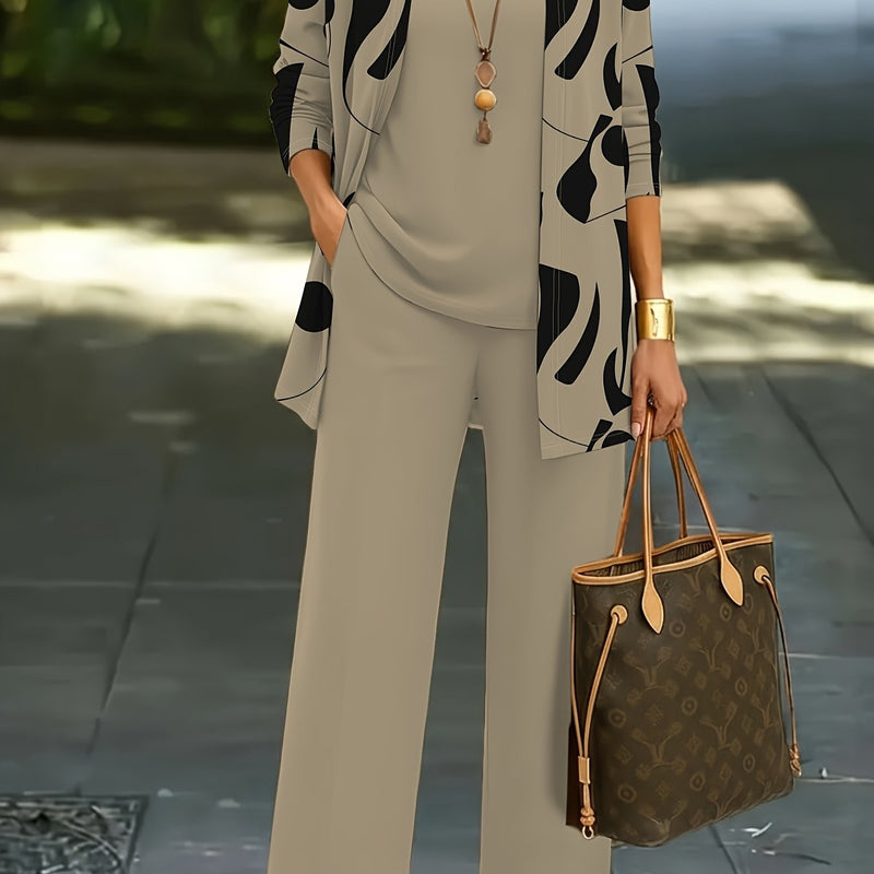 3pcs Women's Set: Abstract Print Cardigan with Vest Top and Elegant Casual Pants.