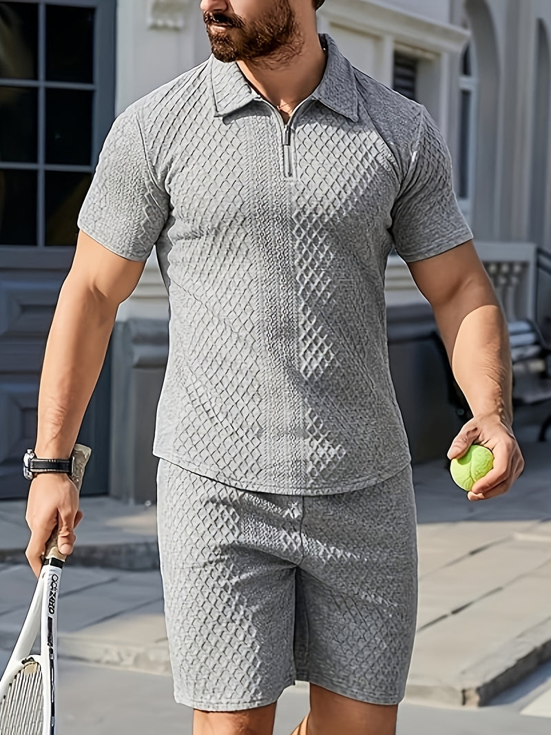 Men'S Jacquard Polo Shirt Set with Short Sleeves And Shorts for Summer.
