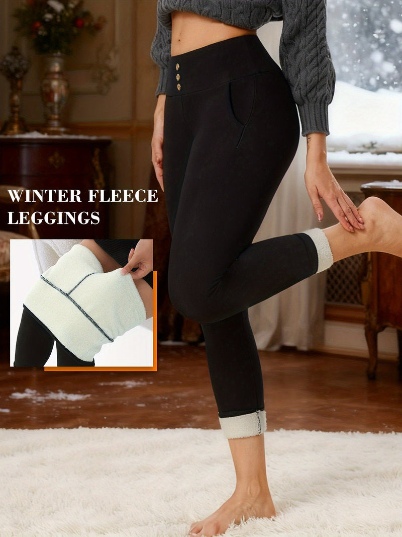Women's High-Waisted Thermal Leggings with Button Pockets.