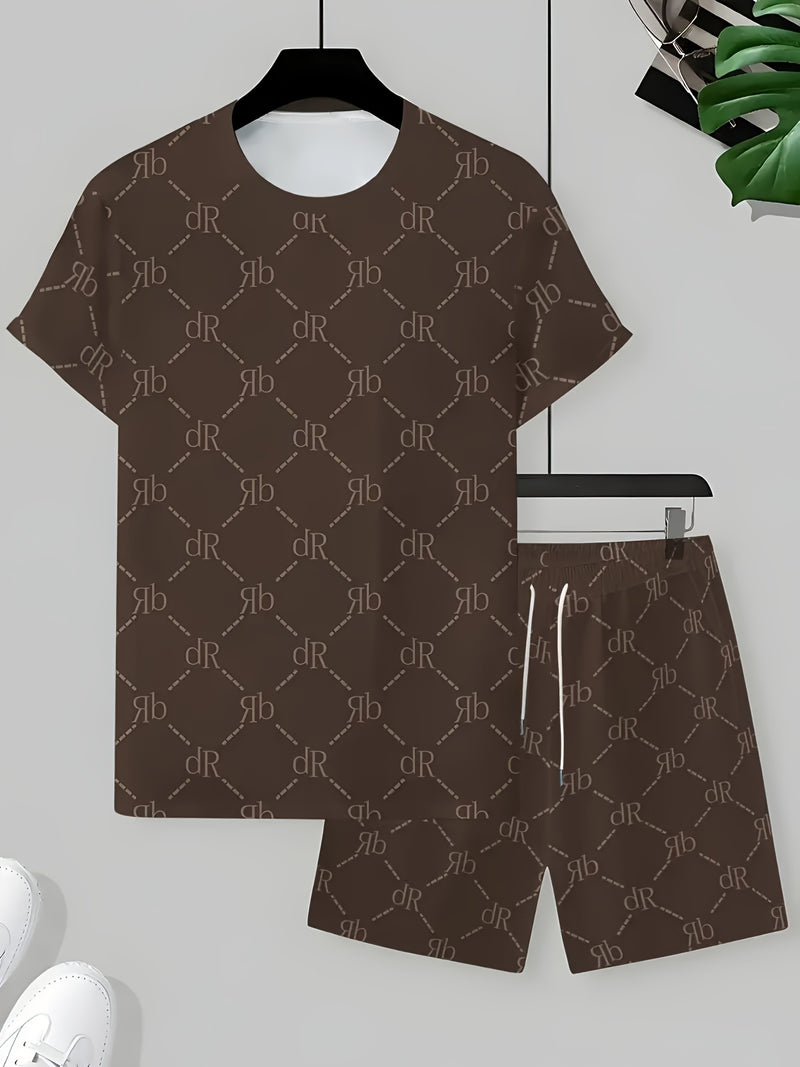 Men's Casual Two-Piece Set Featuring Short Sleeves with English Letter Prints.