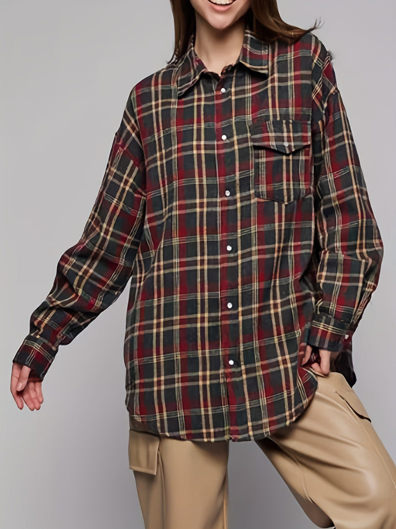 Spring Plaid Long-sleeve Pocket Women's Blouse.