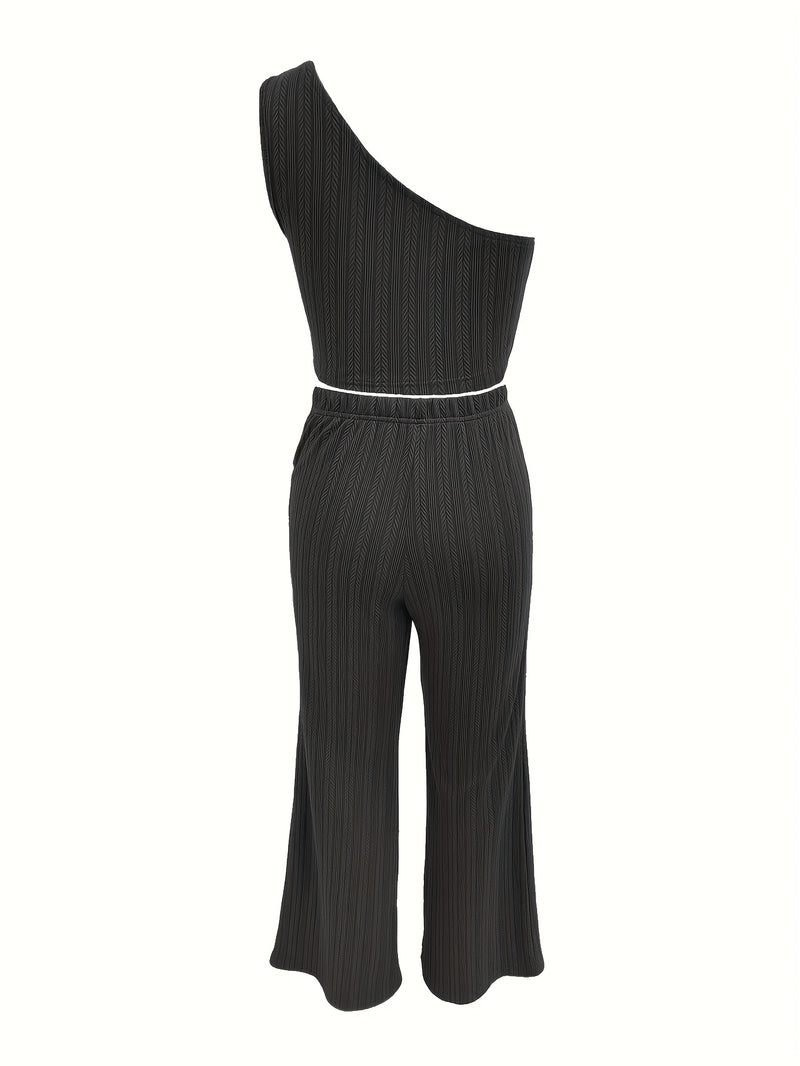 Women’s Black 2pcs Set, One-Shoulder Vest + Long Pants Casual Suit.