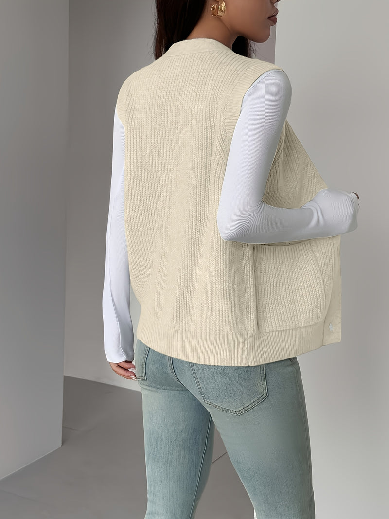 New Solid Color V-Neck Pocket Women's Sweater Vest.