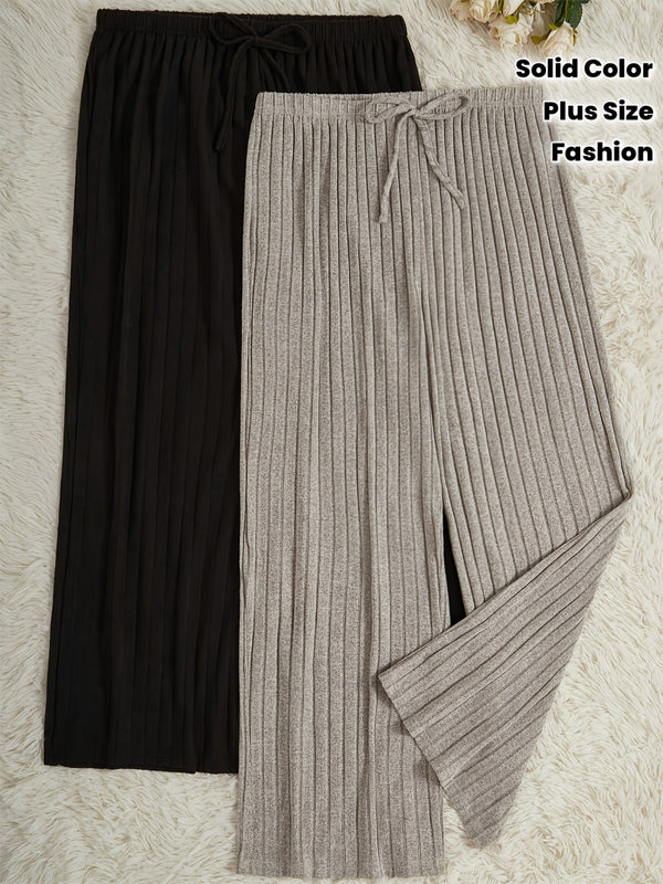 2-Pack Solid Color Fashion Ribbed Casual Wide Leg Women's Pants.