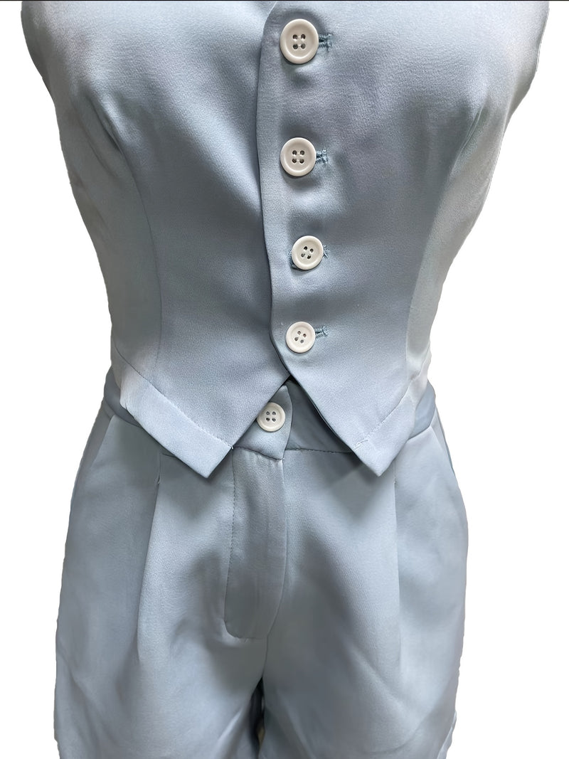 A Solid Color V-Neck Tank Top And Shorts Set for Women.