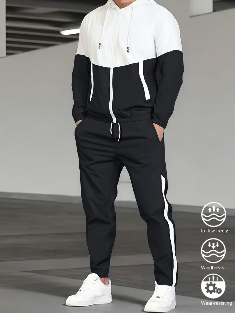 2pcs Men's Spring And Autumn Hooded Color-Block Casual Sports Suit.