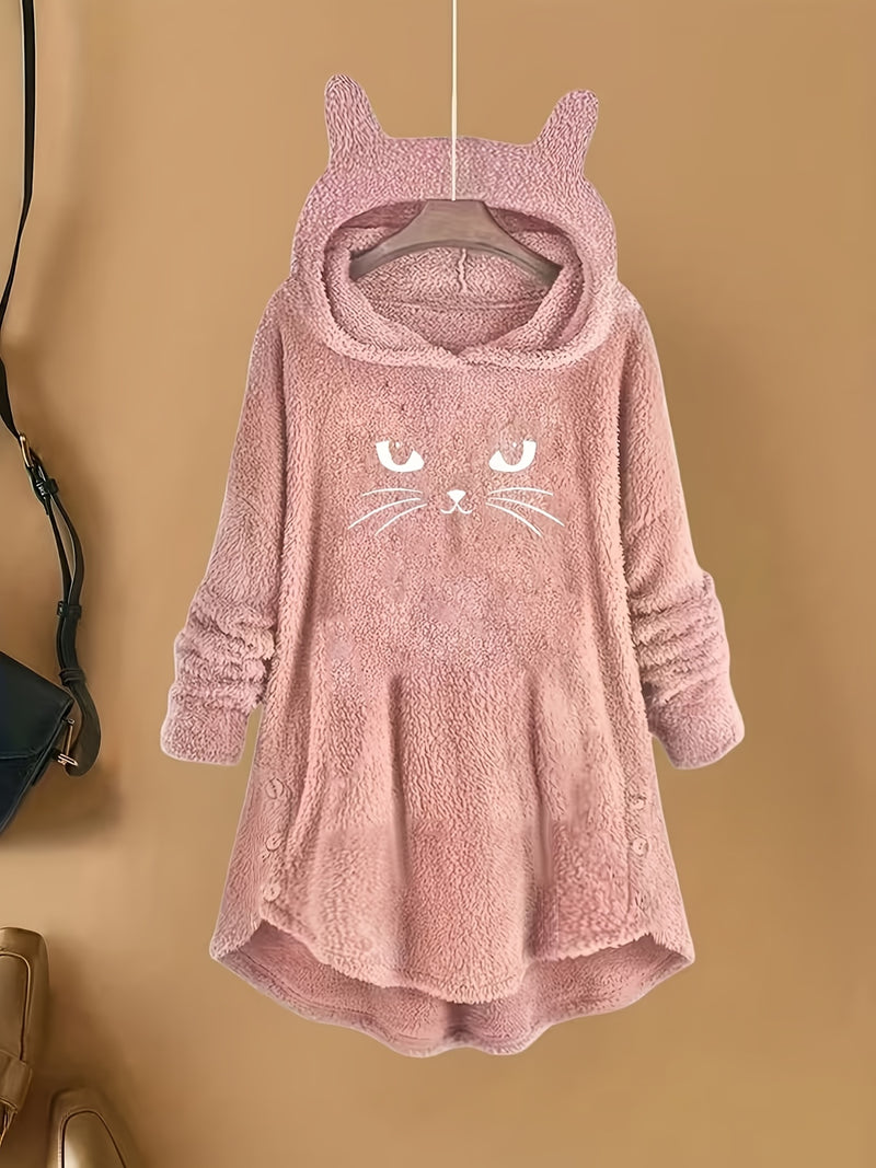 Women's Fashion Fluffy Embroidered Cat Ear Casual Hoodie.