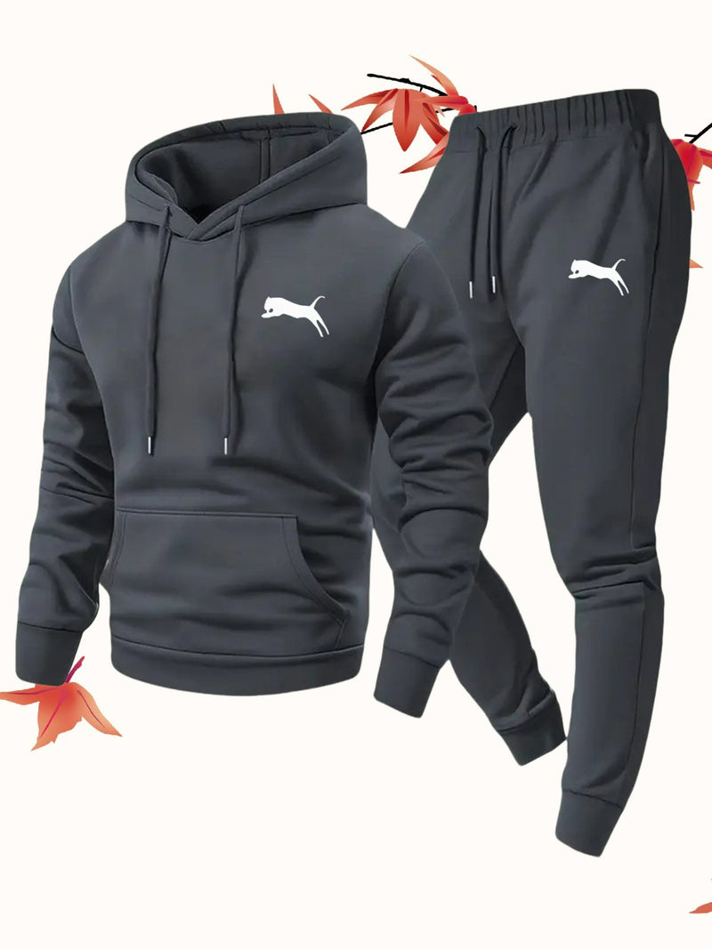 Fashion Versatile Warm 250gsm Hooded Sweatshirt + Pants Two-Piece Set for Men.