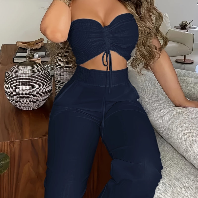 Women’s Two-Piece Set Featuring a Sleeveless Drawstring Crop Top Paired with Long Pants.