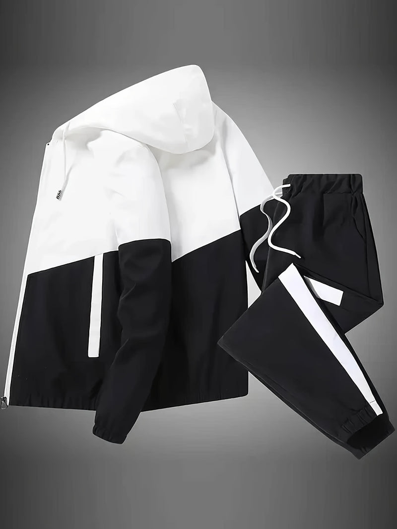 2pcs Men's Spring And Autumn Hooded Color-Block Casual Sports Suit.