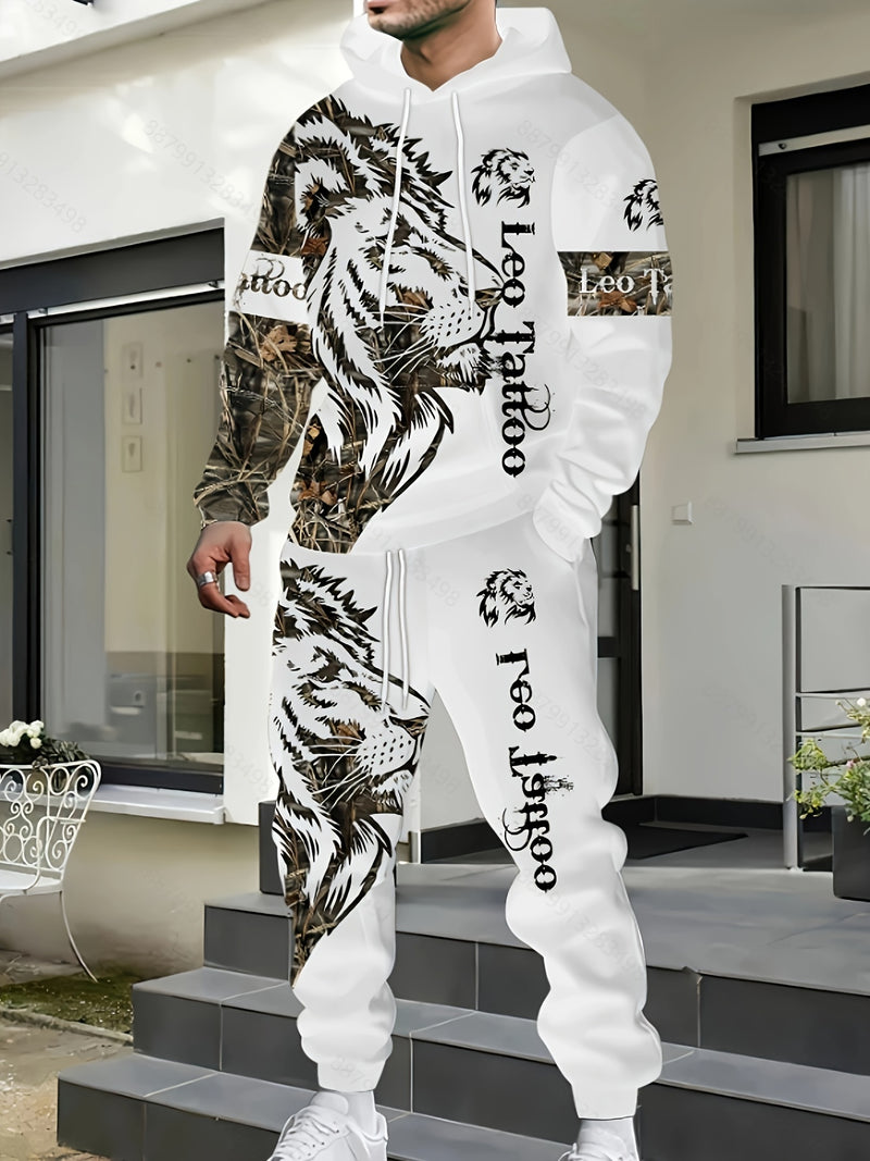Polyester Hooded Tracksuit Set for Men - Casual Geometric Lion Print.