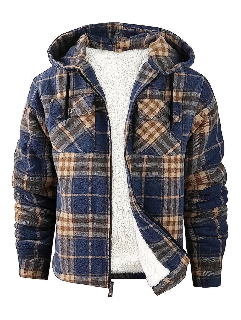 Men's Warm Jacket with Sherpa Lining, Plaid Hooded Zip-Up Winter Coat.