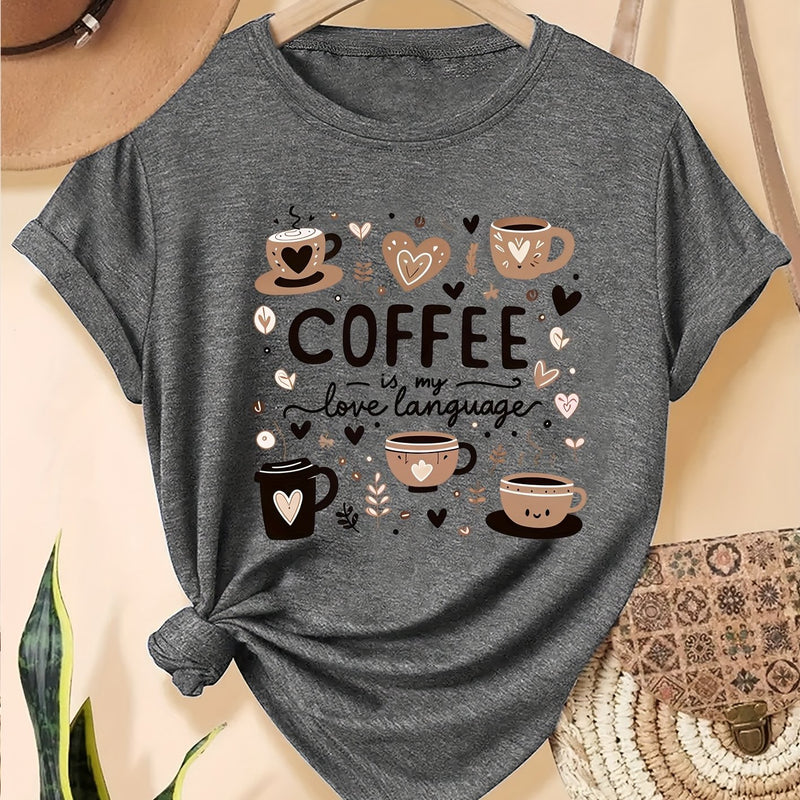 Elegant Women's Short-Sleeve T-Shirt with Coffee-Themed Prints.