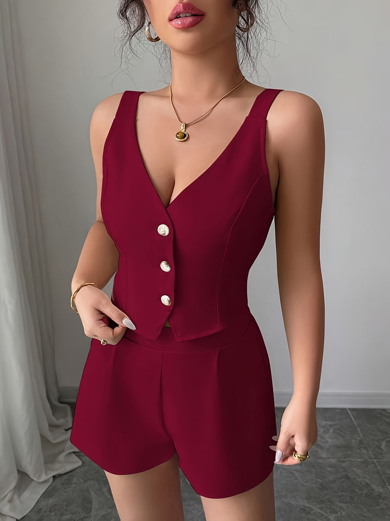 Women's Casual Commuter Simple Solid Color Front Button Vest + Shorts 2pcs.