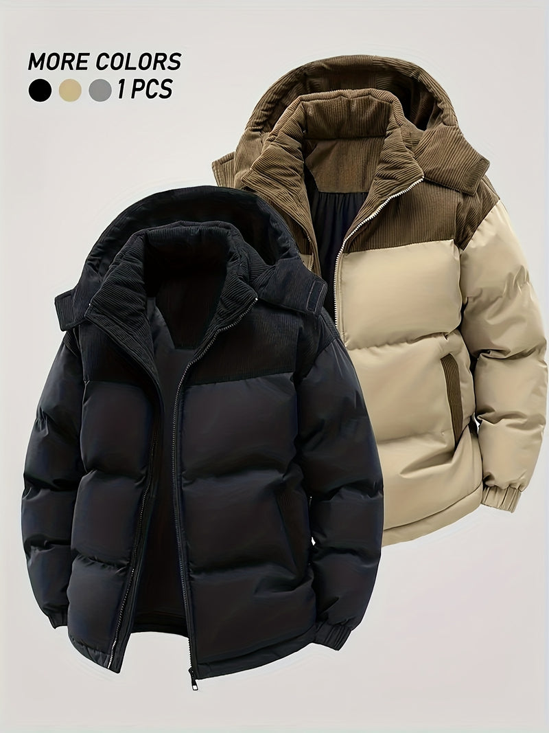 Men'S Thickened Winter Jacket with Corduroy Patchwork And Hood.