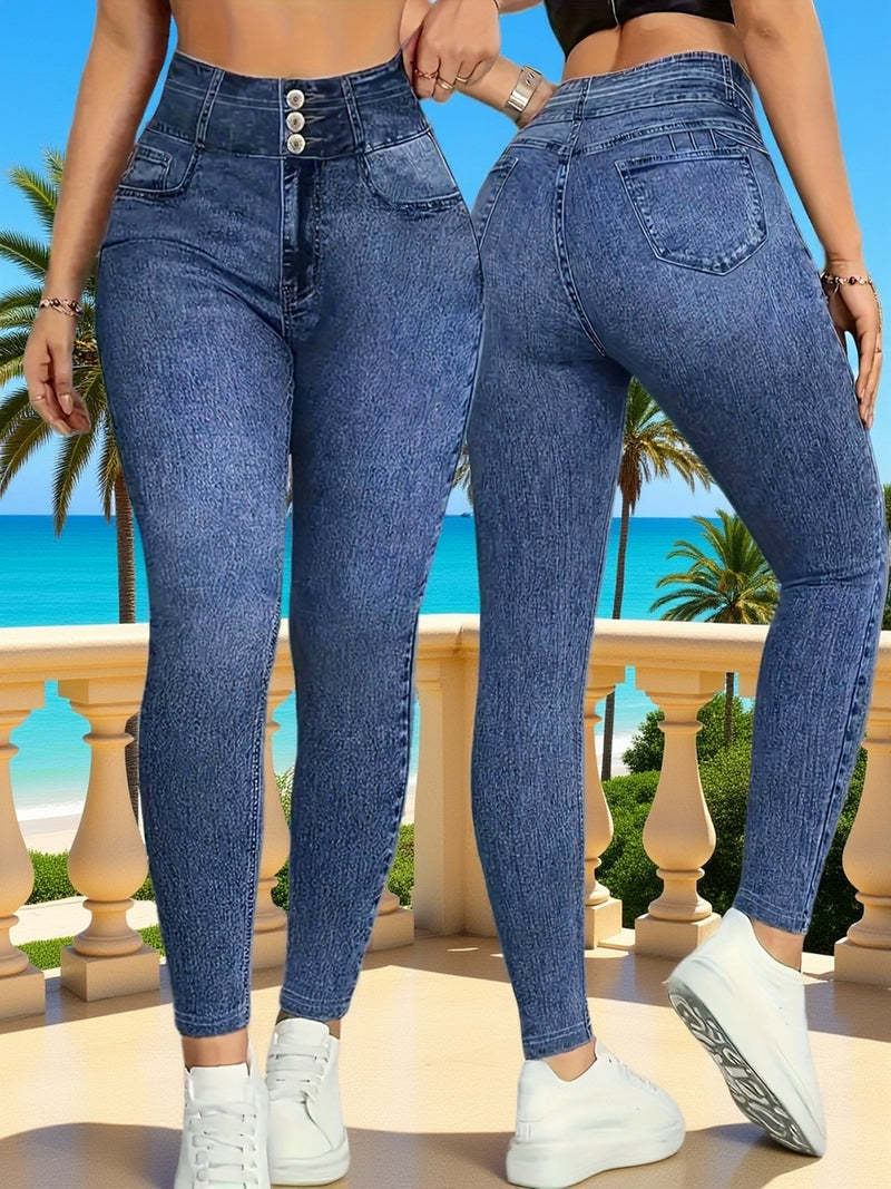 Women's Stretchy Faux Denim Printed Leggings with a Casual Matte Texture.