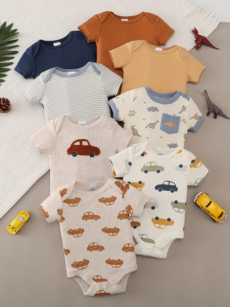 8pcs Newborn Baby Comfortable Bodysuit, Cartoon  and Animal Patterns.