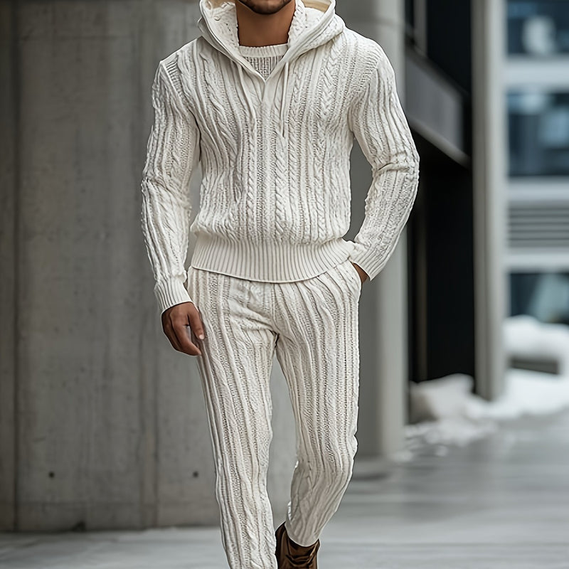 Men's Practical Work Set, Hooded Knit Set, Classic Cable Knit Craft.