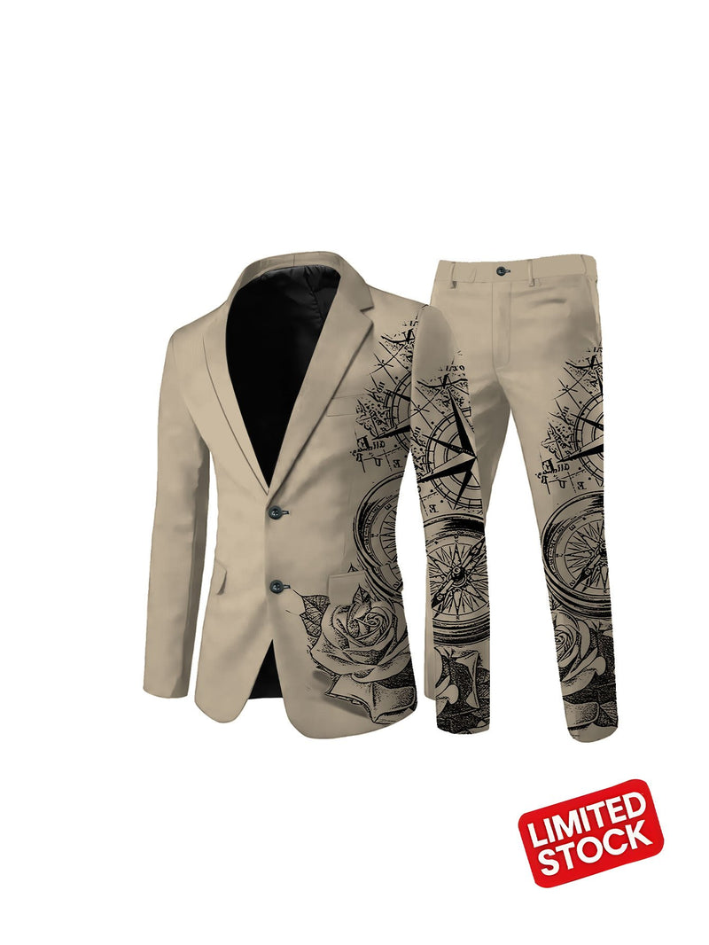 Men's Suit Set: Printed Business Suit Jacket and Trousers 2pcs Set.