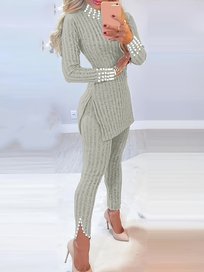 Elegant Women's Split-Top And Long Pants Outfit.