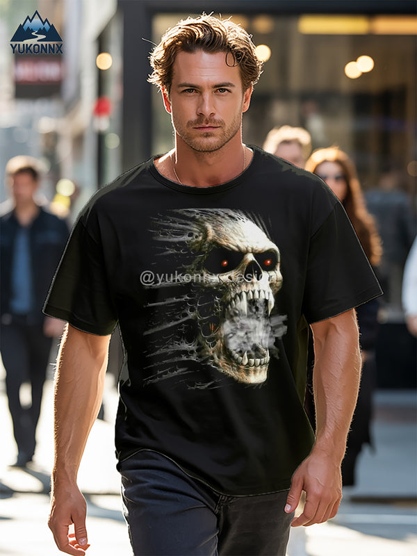 Men’s Cotton Gothic T-Shirt with Skull & Bones Print.