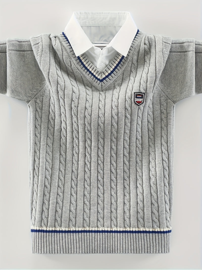 Boys' Red & Striped V-Neck Sweater.