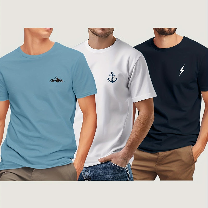 3pcs Men'S Short Sleeve Print T-Shirt.