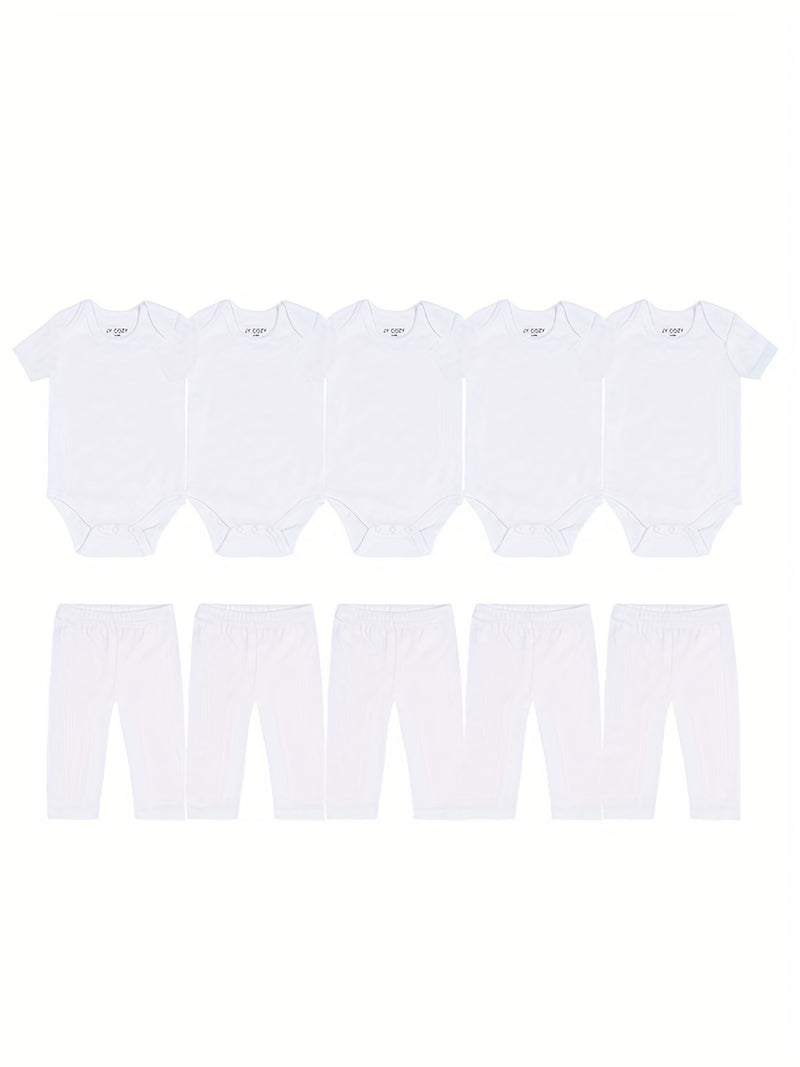 5pcs Baby Bodysuit Set with 5 Pairs of Newborn Pants, Girls Clothing Outfit.