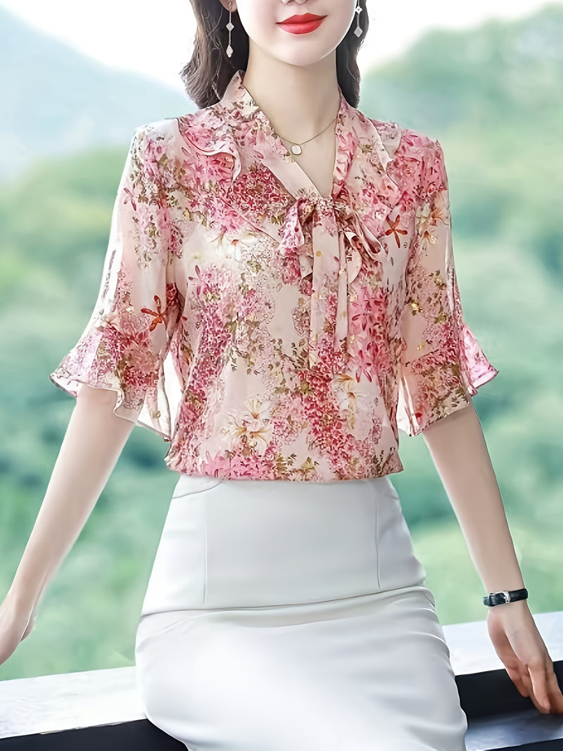 Women's Floral Print V-Neck Blouse.