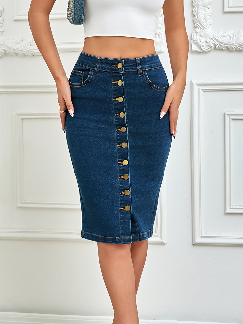 Women's High-Waist Stretch Denim Pencil Skirt with Front Button Closure.