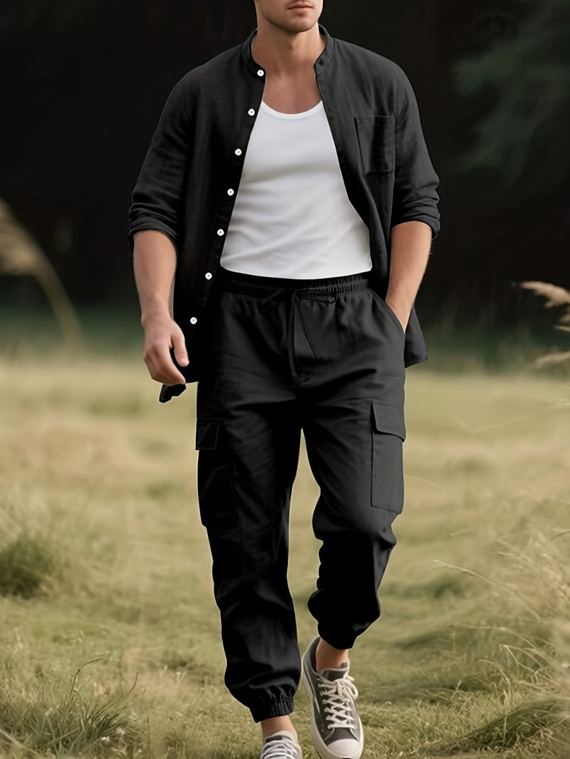 Men's Solid Color -Linen Suit, a Two-Piece Set for Sporty Comfort.