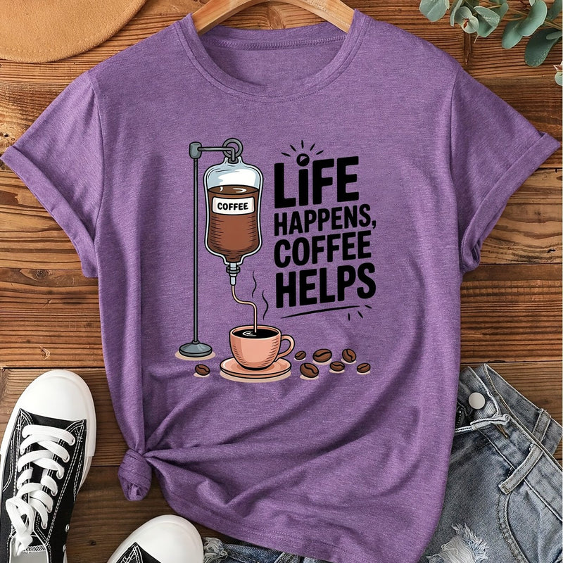 Women's Coffee-Themed T-Shirt with "Coffee Helps" Slogan.