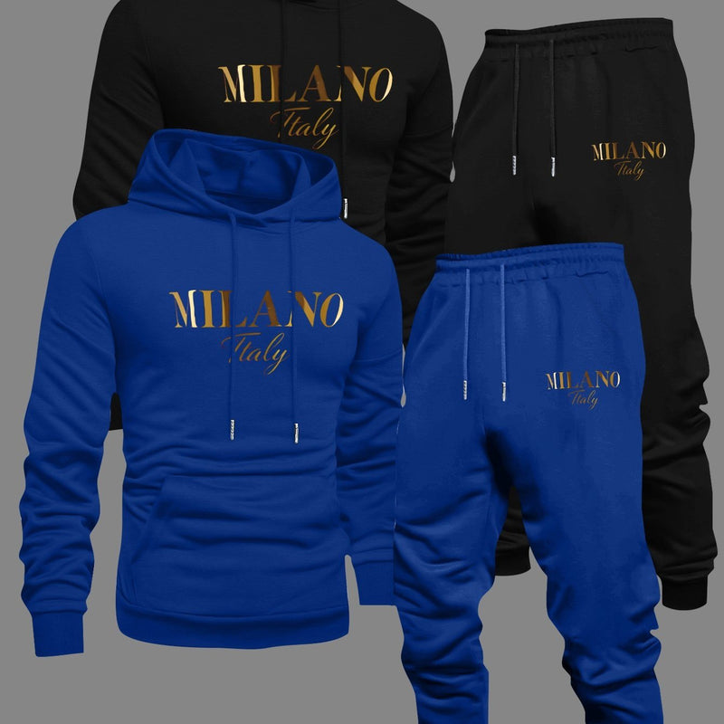 Men's Fashion Slogan Hoodie Four-Piece Set with Drawstring Elastic.