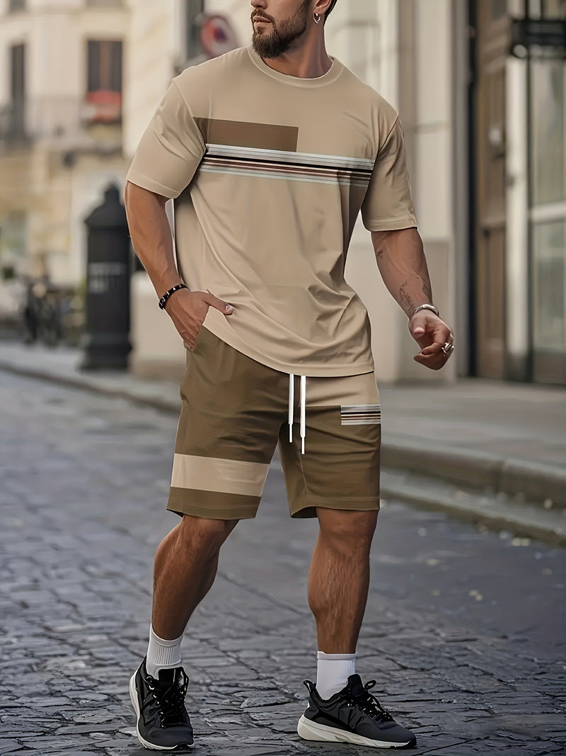 1 Set of 2pcs Men's Casual Outfit, Round-neck T-shirt + Shorts Set.