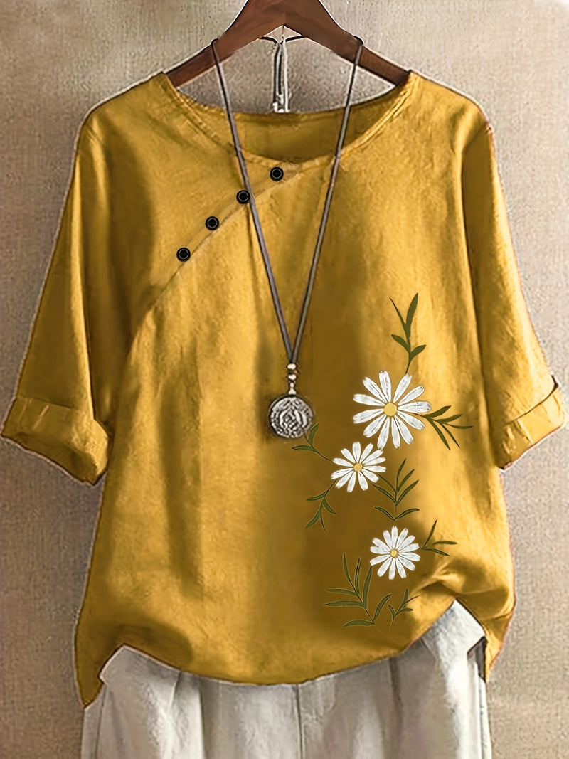 Casual Loose Blend Dandelion Print Short Sleeve Pullover T-Shirt for Women.