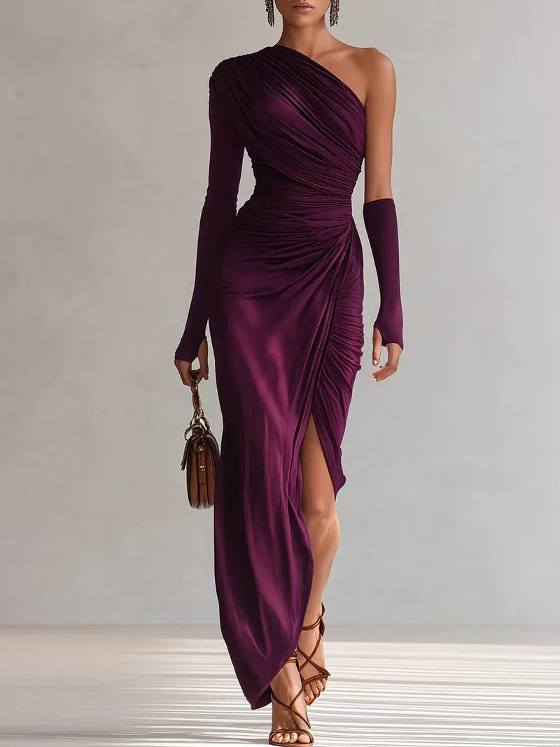 Women’s Spring and Autumn's New Solid-color Textured Long-sleeved Elegant French Dress.