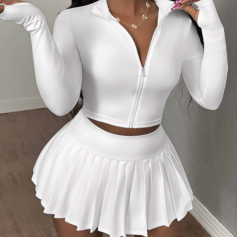 2pcs Women'S Casual V-Neck Zip-Up Top And Pleated Mini Skirt Set.