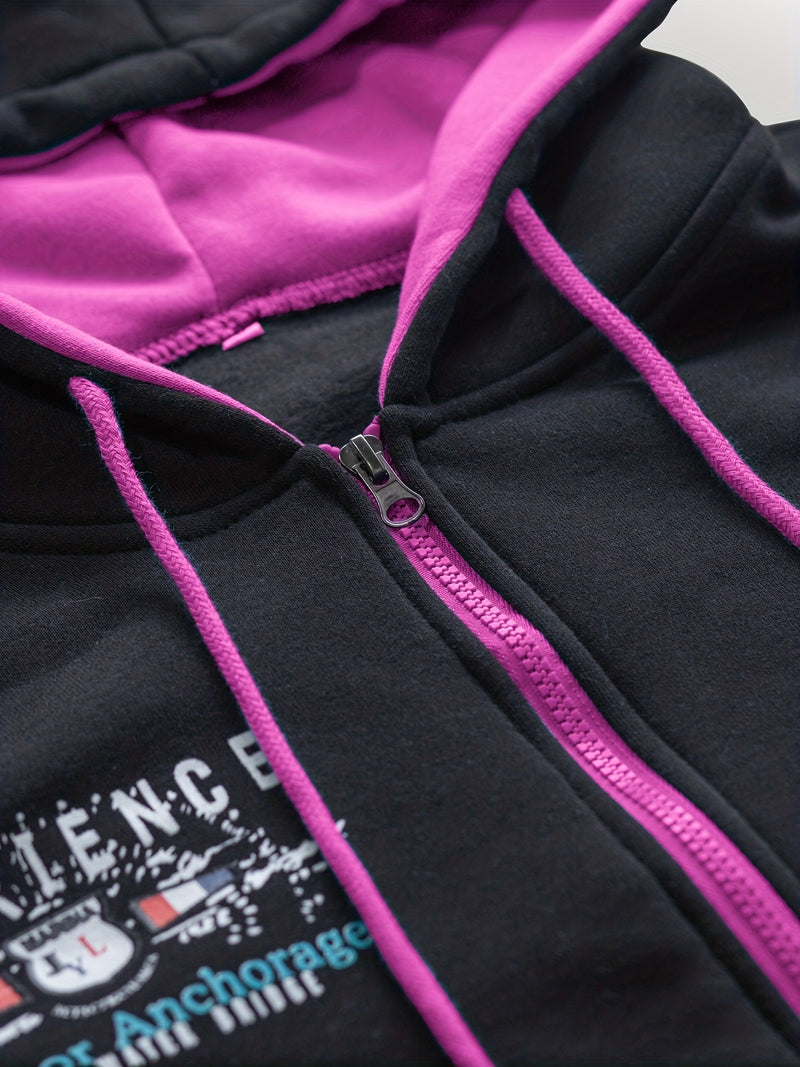 Men's Hiphop Outfit, Letter Print Long Sleeve Full-Zip Casual Jacket And Loose Jogger Pants.