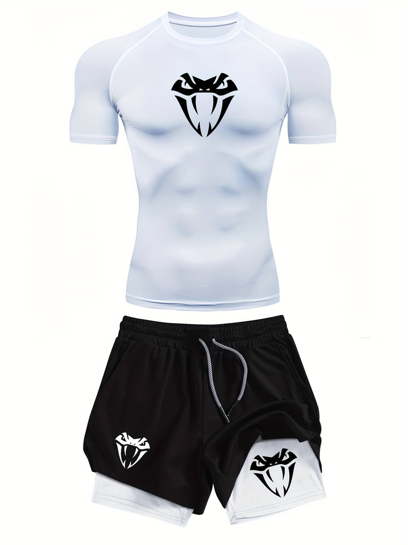 Men's Snake Head Print Two-Piece Set: Short Sleeve Top+Shorts.