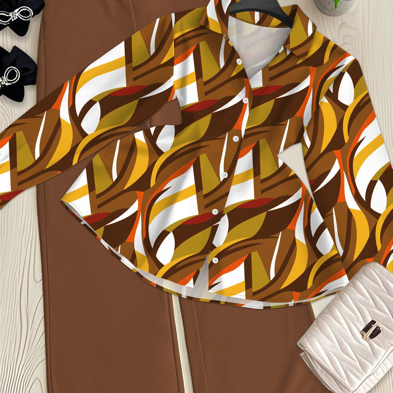 Women’s Two-Piece Set Featuring a Geometric Print Shirt And Solid Color Trousers.