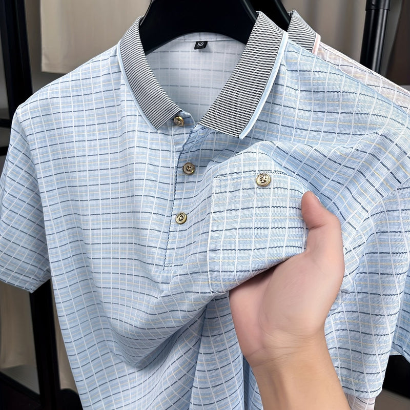 Men's Short-Sleeve T-Shirt Summer Lapel Plaid Ice Silky Fiber Fabric.